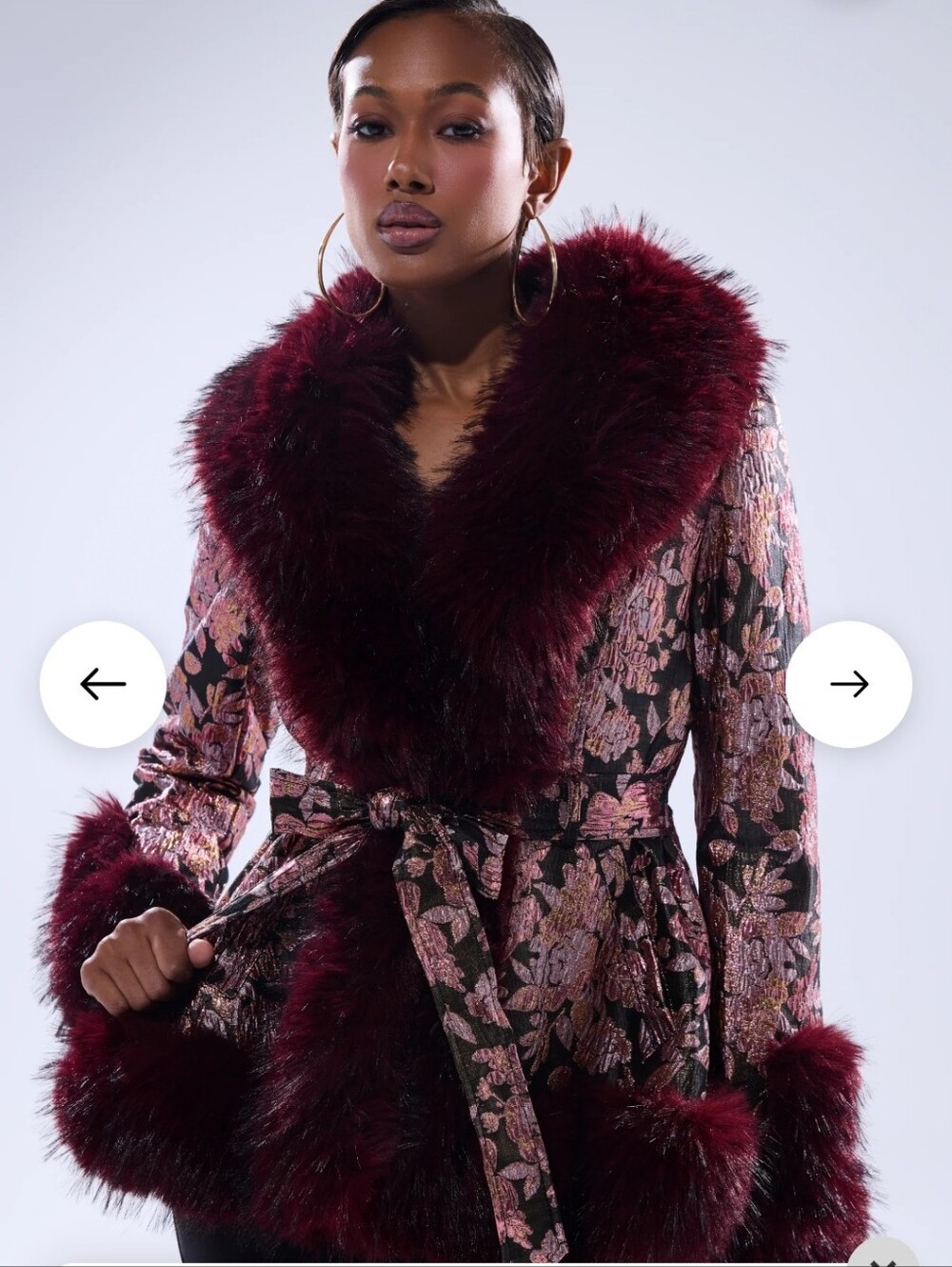 AKIRA Burgundy and Pink Floral Jacquard Coat with Faux Fur Trim